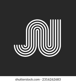 Initials letters JU or UJ logo monogram rounded shape, combination two letters J and U calligraphic mark, smooth parallel thin lines, waves pattern.