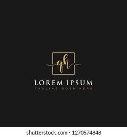 Initials letters QH linked inside square line box vector logo designs isolated in black background