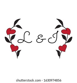 initials letters surrounded by leaves and hearts branches, vector