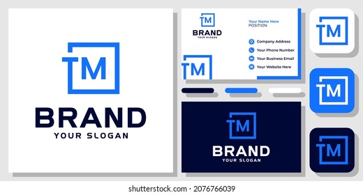 Iniciales Cartas TM Caja cuadrada Azul Moderno Resumen Diseño de logotipo de monograma con plantilla de tarjeta de visita