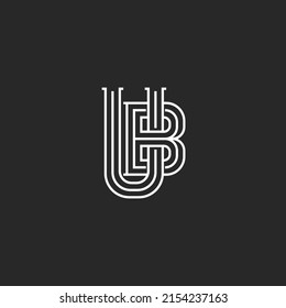 Initials letters UB or BU logo monogram, calligraphic combination two letters B and U thin parallel lines, refined feminine retro boutique emblem.