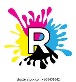 Initials logo icon letter R with the concept of printing ink splashes.