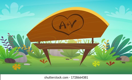 initials love and heart carved on a tree bench in the park on a hill with green grass and bushes plants. Nature outdoors background cartoon funny cheerful style. vector