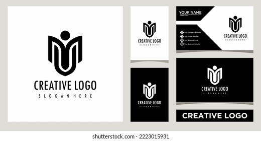 initials monogram MU letter with people icon logo design template with business card design