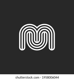 Initials MU or UM letters logo monogram smooth shapes, black and white think rounded lines, minimal creative wedding emblem, two letters M and U  together mark