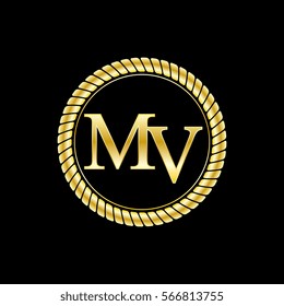 initials mv logo luxurious golden letters with gold rope