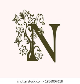 the initials N. monogram logo with flower and butterfly decoration. luxury beauty
