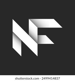 Initials NF or FN letter logo design with 3D folded paper effect in black and white. Combination two overlapping letters N and F for typography and graphic design.