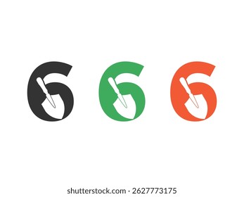 initials number 6 shovel tool symbol icon design vector isolated on transparent background
