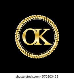 initials o and k logo luxurious golden letters with gold rope