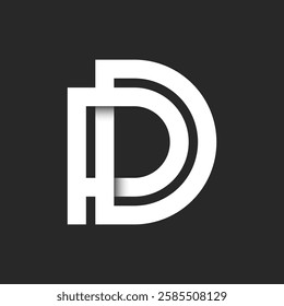 Initials PD or DP letters monogram logo with overlapping bold geometric lines and a stylish cutout shadow effect on a dark background, two letters P and D combination branding identity.