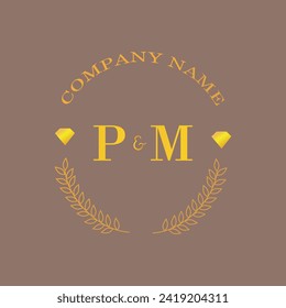 Iniciales carta PM monograma empresa de oro diamante lujo