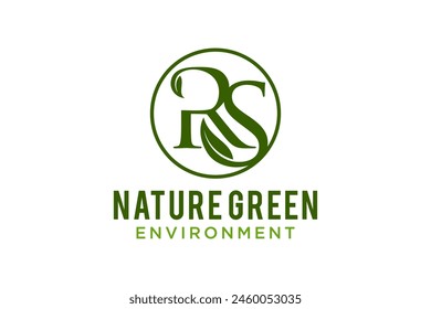 Initials R and S logo design with green leaf-shaped elements, symbolizes a natural and environmentally friendly ecosystem.