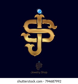 Initials S and J logo luxurious golden letters with a precious stone. Jewelry store emblem.