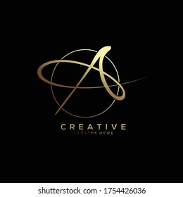 Letra inicial de la firma A vinculada dentro de la línea de círculo de lujo minimalista logotipo vectorial color de oro