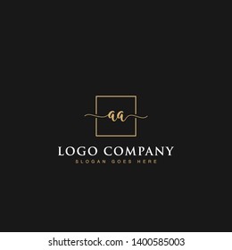 Initials signature letters AA linked inside minimalist luxurious square line box vector logo gold color designs for brand, identity, invitations, hotel, boutique, jewelry, photography or company signs