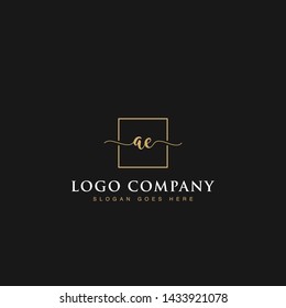 Initials signature letters AE linked inside minimalist luxurious square line box vector logo gold color designs for brand, identity, invitations, hotel, boutique, jewelry, photography or company signs