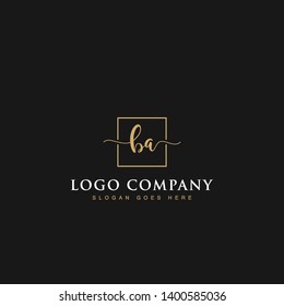 Initials signature letters BA linked inside minimalist luxurious square line box vector logo gold color designs for brand, identity, invitations, hotel, boutique, jewelry, photography or company signs