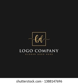 Initials signature letters BD linked inside minimalist luxurious square line box vector logo gold color designs for brand, identity, invitations, hotel, boutique, jewelry, photography or company signs