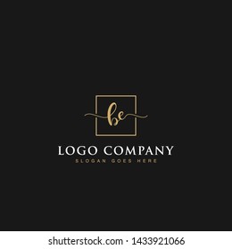 Initials signature letters BE linked inside minimalist luxurious square line box vector logo gold color designs for brand, identity, invitations, hotel, boutique, jewelry, photography or company signs
