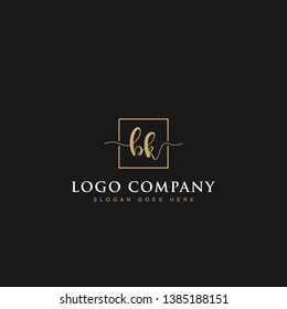 Initials signature letters BK linked inside minimalist luxurious square line box vector logo gold color designs for brand, identity, invitations, hotel, boutique, jewelry, photography or company signs