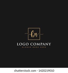 Initials signature letters BN linked inside minimalist luxurious square line box vector logo gold color designs for brand, identity, invitations, hotel, boutique, jewelry, photography or company signs