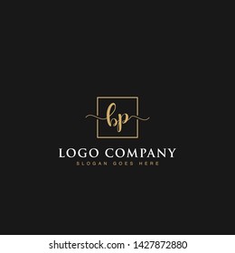 Initials signature letters BP linked inside minimalist luxurious square line box vector logo gold color designs for brand, identity, invitations, hotel, boutique, jewelry, photography or company signs