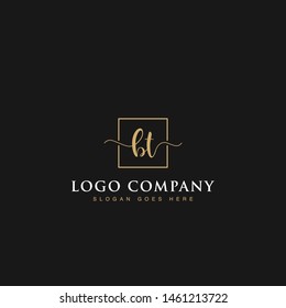 Initials signature letters BT linked inside minimalist luxurious square line border vector logo gold color design for brand, identity, invitations, hotel, boutique, jewelry, photography, company signs