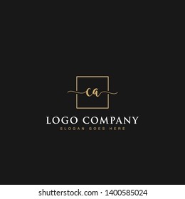 Initials signature letters CA linked inside minimalist luxurious square line box vector logo gold color designs for brand, identity, invitations, hotel, boutique, jewelry, photography or company signs