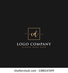 Initials signature letters CD linked inside minimalist luxurious square line box vector logo gold color designs for brand, identity, invitations, hotel, boutique, jewelry, photography or company signs