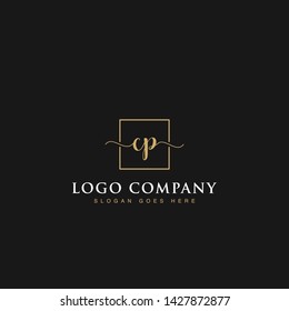 Initials signature letters CP linked inside minimalist luxurious square line box vector logo gold color designs for brand, identity, invitations, hotel, boutique, jewelry, photography or company signs