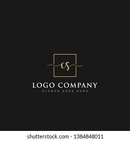 Initials signature letters CS linked inside minimalist luxurious square line box vector logo gold color designs isolated in black background for brand, hotel, boutique, jewelry, restaurant or company