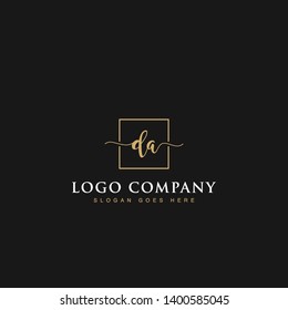 Initials signature letters DA linked inside minimalist luxurious square line box vector logo gold color designs for brand, identity, invitations, hotel, boutique, jewelry, photography or company signs