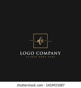 Initials signature letters DE linked inside minimalist luxurious square line box vector logo gold color designs for brand, identity, invitations, hotel, boutique, jewelry, photography or company signs