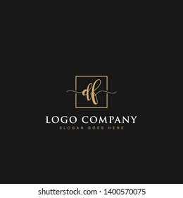 Initials signature letters DF linked inside minimalist luxurious square line box vector logo gold color designs for brand, identity, invitations, hotel, boutique, jewelry, photography or company signs