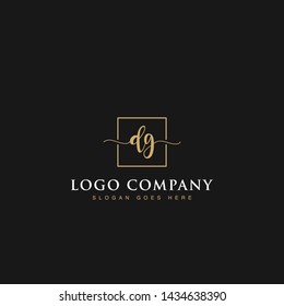 Initials signature letters DG linked inside minimalist luxurious square line border vector logo gold color design for brand, identity, invitations, hotel, boutique, jewelry, photography, company signs