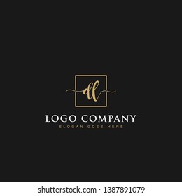 Initials signature letters DL linked inside minimalist luxurious square line box vector logo gold color designs for brand, identity, invitations, hotel, boutique, jewelry, photography or company signs