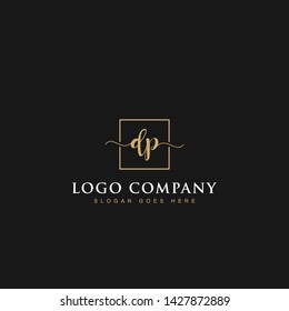 Initials signature letters DP linked inside minimalist luxurious square line box vector logo gold color designs for brand, identity, invitations, hotel, boutique, jewelry, photography or company signs
