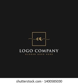 Initials signature letters EA linked inside minimalist luxurious square line box vector logo gold color designs for brand, identity, invitations, hotel, boutique, jewelry, photography or company signs