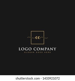 Initials signature letters EE linked inside minimalist luxurious square line box vector logo gold color designs for brand, identity, invitations, hotel, boutique, jewelry, photography or company signs