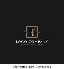 Initials signature letters EF linked inside minimalist luxurious square line box vector logo gold color designs for brand, identity, invitations, hotel, boutique, jewelry, photography or company signs