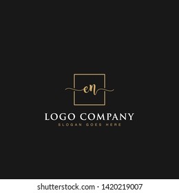 Initials signature letters EN linked inside minimalist luxurious square line box vector logo gold color designs for brand, identity, invitations, hotel, boutique, jewelry, photography or company signs