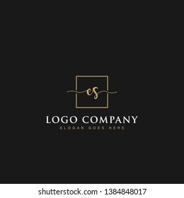 Initials signature letters ES linked inside minimalist luxurious square line box vector logo gold color designs isolated in black background for brand, hotel, boutique, jewelry, restaurant or company