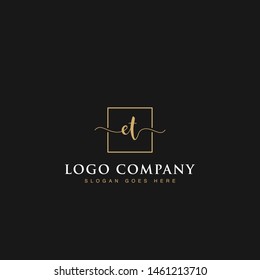 Initials signature letters ET linked inside minimalist luxurious square line border vector logo gold color design for brand, identity, invitations, hotel, boutique, jewelry, photography, company signs