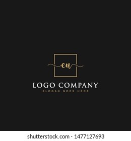 Initials signature letters EU linked inside minimalist luxurious square line border vector logo gold color design for brand, identity, invitations, hotel, boutique, jewelry, photography, company signs