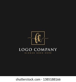 Initials signature letters FK linked inside minimalist luxurious square line box vector logo gold color designs for brand, identity, invitations, hotel, boutique, jewelry, photography or company signs