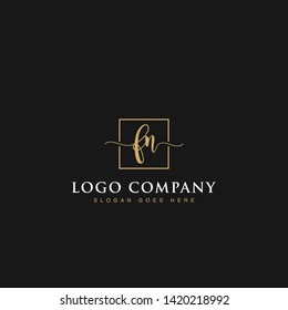 Initials signature letters FN linked inside minimalist luxurious square line box vector logo gold color designs for brand, identity, invitations, hotel, boutique, jewelry, photography or company signs