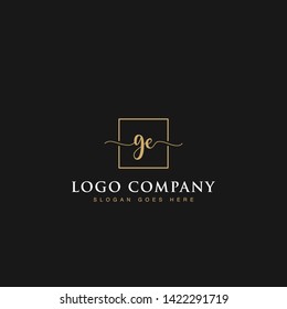 Initials signature letters GE linked inside minimalist luxurious square line box vector logo gold color designs for brand, identity, invitations, hotel, boutique, jewelry, photography or company signs