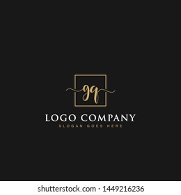 Initials signature letters GQ linked inside minimalist luxurious square line border vector logo gold color design for brand, identity, invitations, hotel, boutique, jewelry, photography, company signs