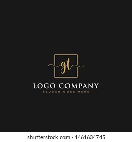 Initials signature letters GT linked inside minimalist luxurious square line border vector logo gold color design for brand, identity, invitations, hotel, boutique, jewelry, photography, company signs